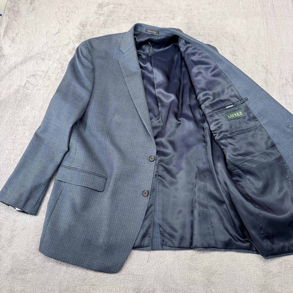 Lauren Ralph Lauren Sport Coat Blazer Silk Wool Mens 48L Blue Micro Check Jacket